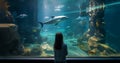 little kid watching the shoal of fish swimming in oceanarium, cute toddler visiting zoo aquarium, watching fishes deep sea