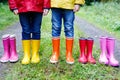 Little kids, boys and girls in colorful rain boots. Children standing in autumn forest. Close-up of schoolkids and