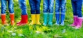 Little kids, boys and girls in colorful rain boots.