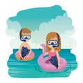 little kids couple with floats and snorkels in the sea