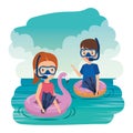 little kids couple with floats and snorkels in the sea