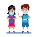 Little kids couple using face masks for covid19