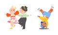 Little kids dancing set. Children dancing classical and modern dance cartoon vector illustration