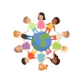 Little kids of different nationalities standing and holding hands around the Earth globe, friendship, unity concept Royalty Free Stock Photo