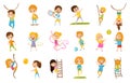 Little Kids Doing Sport Hanging Rope, Climbing Ladder, Playing Ball, Yoga and Gymnastics Vector Set