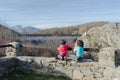 Little kids enjoying the landscapes views in the mountains of Palencia, Spain, during the winter ending and the spring beginning