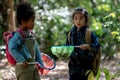 Little kids Explorer Hiking in Forest