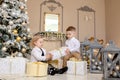 Little kids friendship and love. Little boy giving a little girl a gift. Present for a birthday, valentine`s day or other holiday Royalty Free Stock Photo