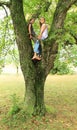 Little kids - girls sitting on tree Royalty Free Stock Photo