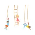 Little Kids Hanging on Rope Ladder and Ring Swinging Vector Set