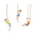 Little Kids Hanging on Rope and Ring Swinging Vector Set