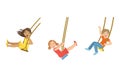 Little Kids Hanging on Rope Swings Laughing and Waving Hand Vector Set