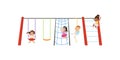 Little kids having fun on playground, children swinging on swing, climbing up ladder and rope vector Illustration on a Royalty Free Stock Photo