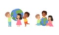 Little Kids Holding Earth Globe, Friendship, Unity, Earth Planet Protection Cartoon Vector Illustration Royalty Free Stock Photo