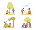 Little Kids Holding Magnifying Glass, Binoculars and Phone with Camera Exploring Nature Vector Illustrations Set.