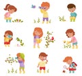 Little Kids Holding Magnifying Glass and Camera Exploring Nature Vector Illustrations Set