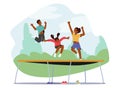 Little Kids Jumping and Hopping On Trampoline at Sunny Summer Day. Friends Celebrate Party, Having Fun On Weekend