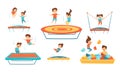 Little Kids Jumping on Trampoline Vector Illustrations Set. Smiling Children Having Fun Outdoors Royalty Free Stock Photo