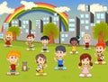 Little kids playing in the city park with rainbow cartoon