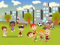 Little kids playing slide, seesaw, jump rope and soccer in the city park cartoon Royalty Free Stock Photo