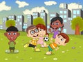 Little kids playing soccer on the city playground cartoon