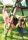 Little kids - girls playing on wooden construction