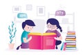 Little kids read interesting book. Schoolboy and schoolgirl explore storybook. Stack of various children books, encyclopedias