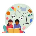 Little Kids Reading Books, Back to School, Education, Knowledge Concept. Boy and Girl Character Studying Illustration Royalty Free Stock Photo