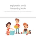 Little kids reading books. Cartoon character vector banner design