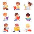 Little Kids Reading Books Set, Cute Boys and Girls Sitting on Floor and Enjoying Reading of Literature Cartoon Style Royalty Free Stock Photo