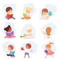 Little Kids Reading Books Set, Cute Boys and Girls Sitting on Floor Enjoying of Literature, Education and Imagination Royalty Free Stock Photo