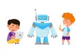 Little Kids Repairing and Configurating Robot with Laptop Vector Illustration