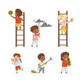 Little Kids Saving Planet Cleaning with Sponge and Vacuum Cleaner and Planting Tree Vector Illustration Set