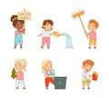 Little Kids Saving Planet Cleaning with Sponge, Watering, Planting and Gathering Plastic Bottles Vector Illustration Set