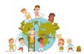 Little Kids Saving Planet Taking Care of Globe Rubbing It with Brush and Planting Trees Vector Illustration