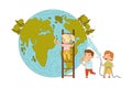 Little Kids Saving Planet Taking Care of Globe Rubbing It with Brush and Watering Plants with Hose Vector Illustration