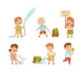 Little Kids Saving Planet Watering with Hose, Planting and Cleaning with Broom and Sponge Vector Illustration Set