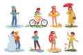 Little Kids Seasonal Activities, Boys and Girls Characters Skiing, Riding Bicycle, Relax on Beach, Mushrooming