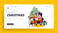 Little Kids Sit on Santa Knees Landing Page Template. Children Whispering in Ear Talking how they Behaved during Year Royalty Free Stock Photo