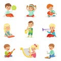 Little kids sitting and playing musical instrument, set for label design . Cartoon detailed colorful Illustrations Royalty Free Stock Photo