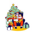 Little Kids Sitting on Santa Knees Whispering in his Ear Talking how they Behaved during the Year, Telling Secrets Royalty Free Stock Photo