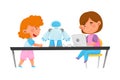 Little Kids Sitting at Table and Configurating Robot with Laptop Vector Illustration