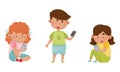 Little Kids with Smartphones and Frustrating Expression on Their Faces Vector Illustrations Set