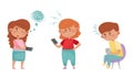 Little Kids with Smartphones and Frustrating Expression on Their Faces Vector Illustrations Set