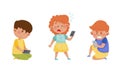 Little Kids with Smartphones and Frustrating Expression on Their Faces Vector Illustrations Set