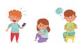 Little Kids with Smartphones and Frustrating Expression on Their Faces Vector Illustrations Set