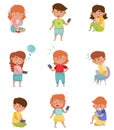 Little Kids with Smartphones and Frustrating Expression on Their Faces Vector Illustrations Set