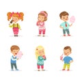 Little Kids Standing Eating Candy Floss, Ice Cream and Drinking Soda Vector Set