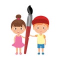 Little kids students couple with paint brush