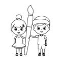 Little kids students couple with paint brush